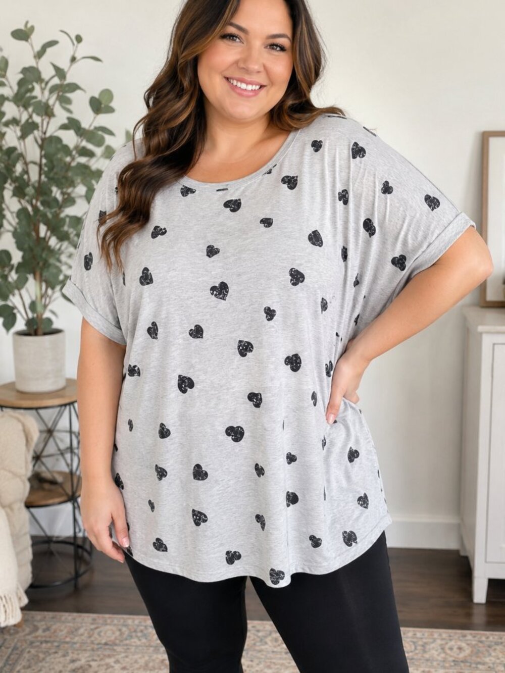 Kim & Cami 2X Gray Heart Print Tunic Top Dolman Sleeve Soft Sweatshirt Knit - Picture 2 of 9